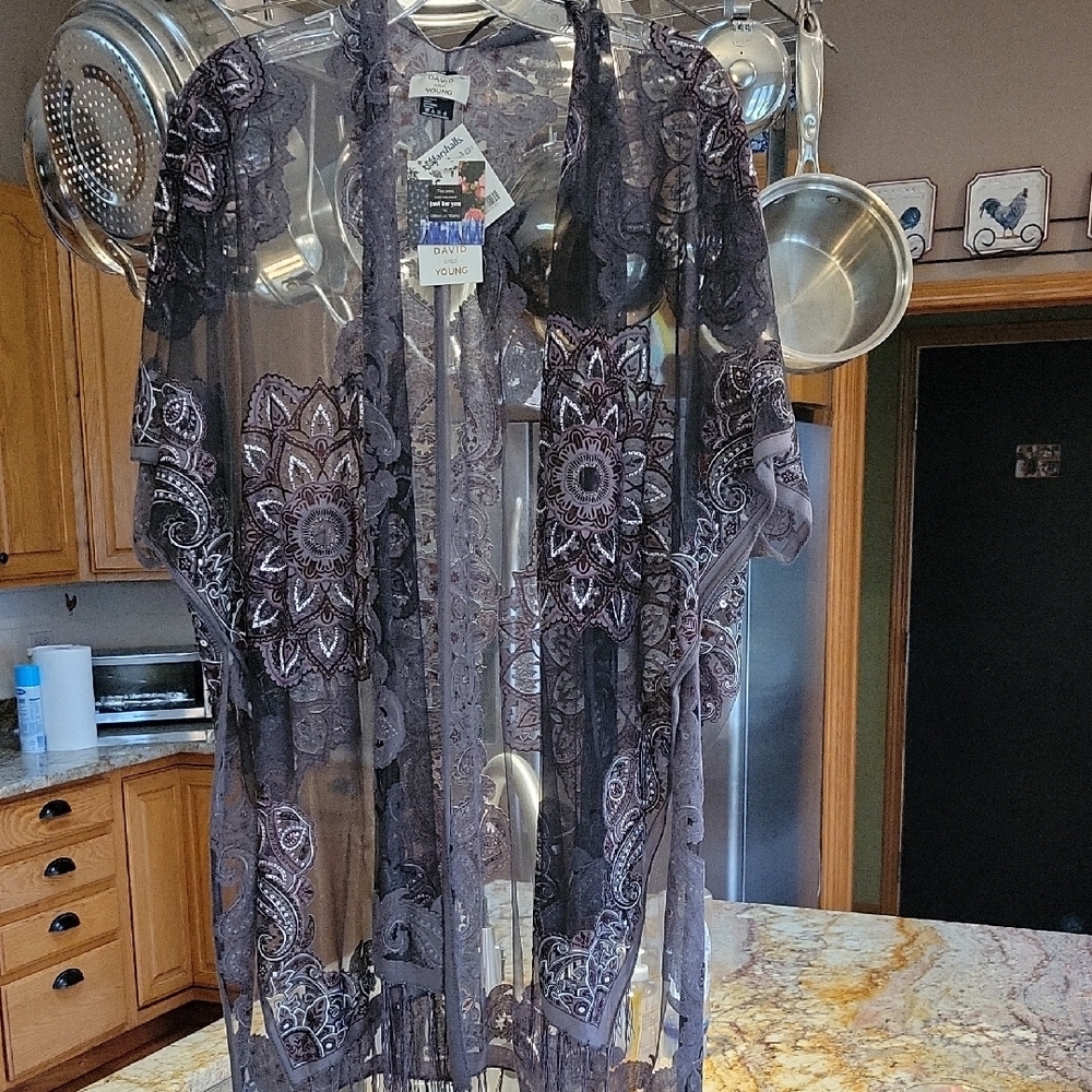 David And Young Elegant Sheer Black and Gray Kimono OSFM